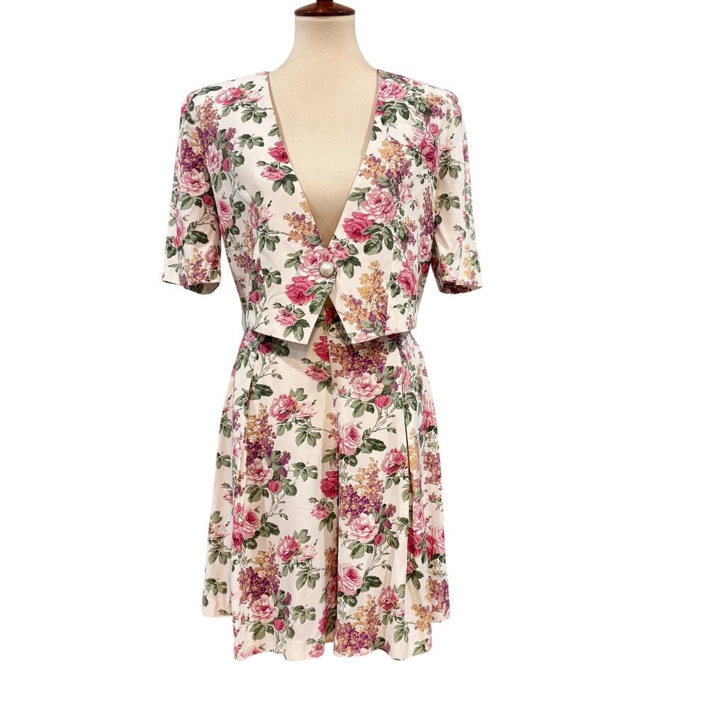 VTG 90s Floral 2 Piece Co-ord Set Skort Cropped Jacket Cottagecore Size 9/10